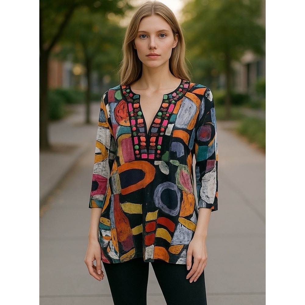 Berek Vtg Tunic Top Wearable Art To Wear Abstract Bright Beaded Travel Large